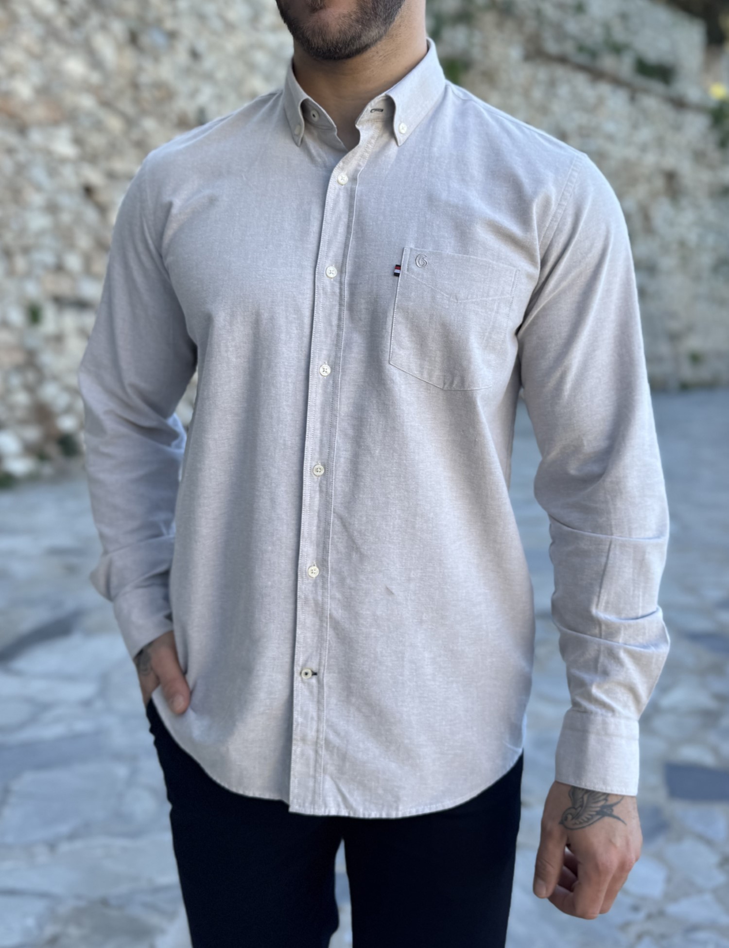 Ανδρικό μπεζ βαμβακερό πουκάμισο Oxford 966B